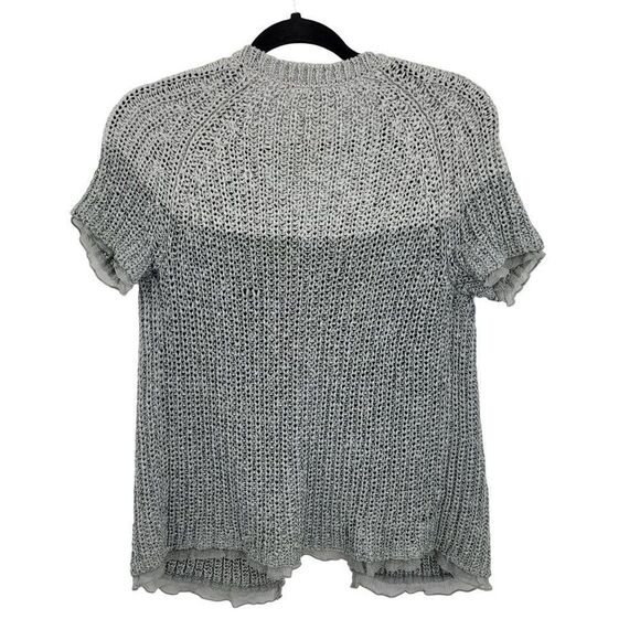 Chico's Cardigan Formal Silver Open Knit Short Sleeve Sheer Lettuce Ruffle 0 - Picture 9 of 16